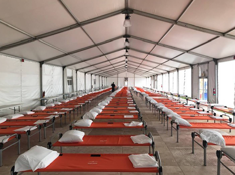 Beds at the first humanitarian relief center opened in New York City.