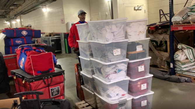 Phillies equipment is loaded onto a truck to make its way to Clearwater, Florida, for spring training.