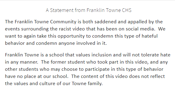Franklin Towne Charter High School administrators posted this response on the school's website on Wednesday.