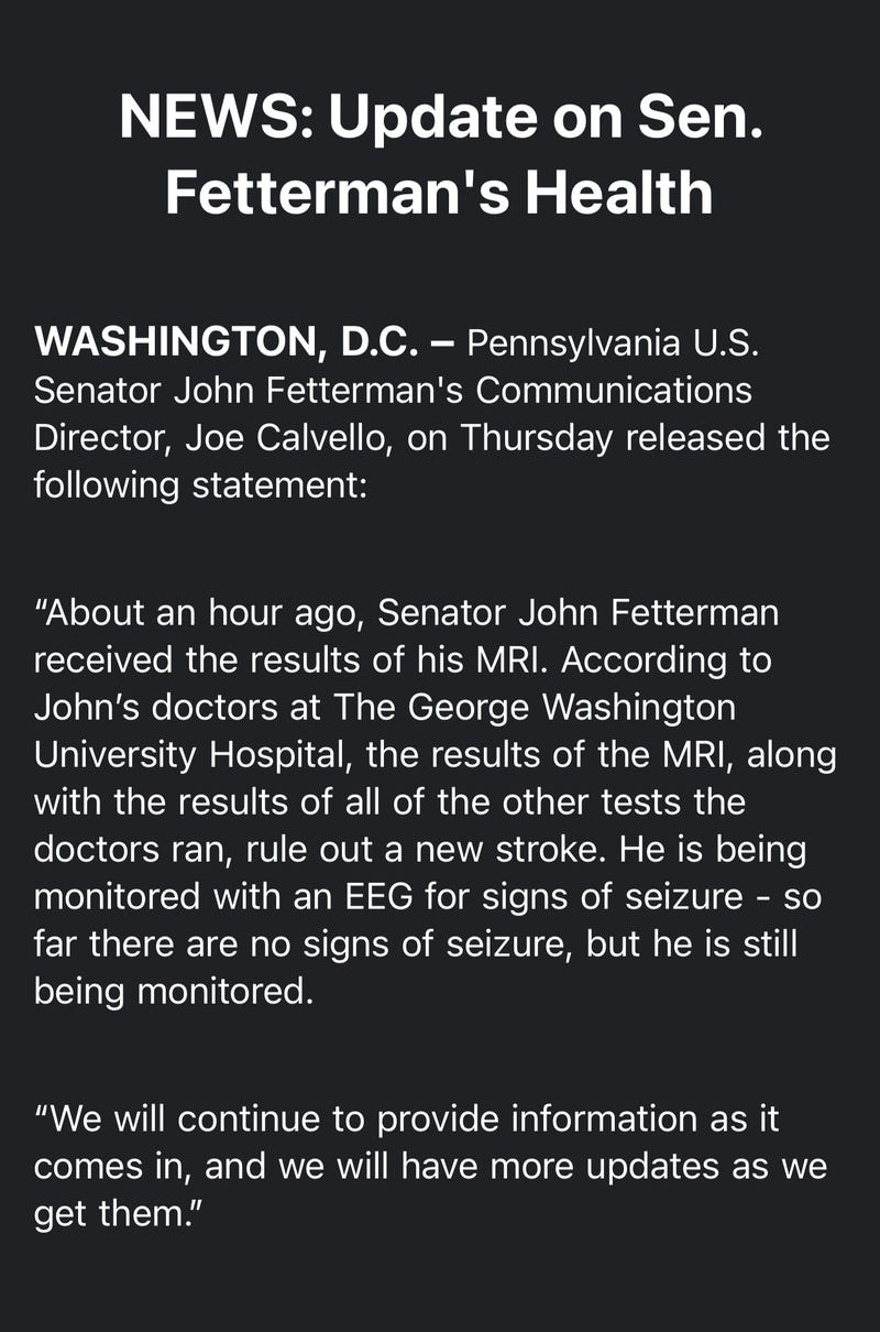 Update from Senator John Fetterman's office