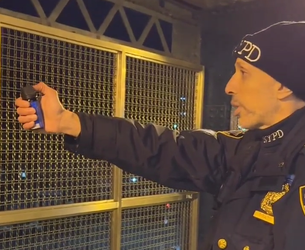 The sergeant holds the cannister outstretched as he prepares to pepper-spray the commuter.