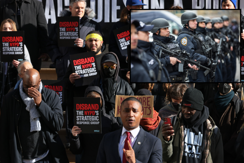 (Outer) Councilmember Chi Ossé speaks during a rally before Wednesday's oversight hearing on the SRG. (Inner) Members of the SRG.