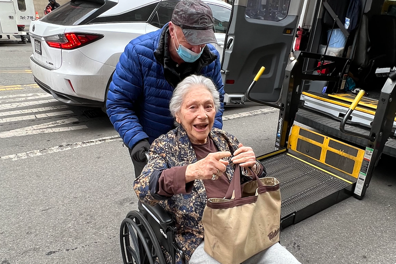 Mimi Chaplin, 99, returns to her Upper West Side home for the first time since being injured in a multi-vehicle accident on the Van Wyck Expressway.