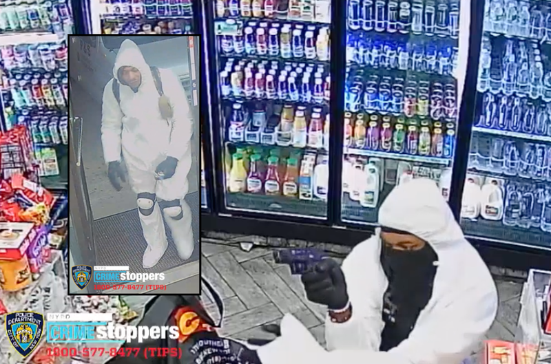 The man suspected of killing an Upper East Side deli worker wore a hazmat jumpsuit in a string of robberies since late February, police said