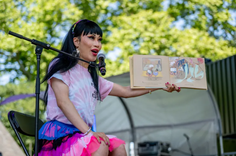 Yuhua Hamasaki performs "Drag Queen Story Hour" during Youth Pride at Rumsey Playfield, Central Park on June 25, 2022 in New York City.