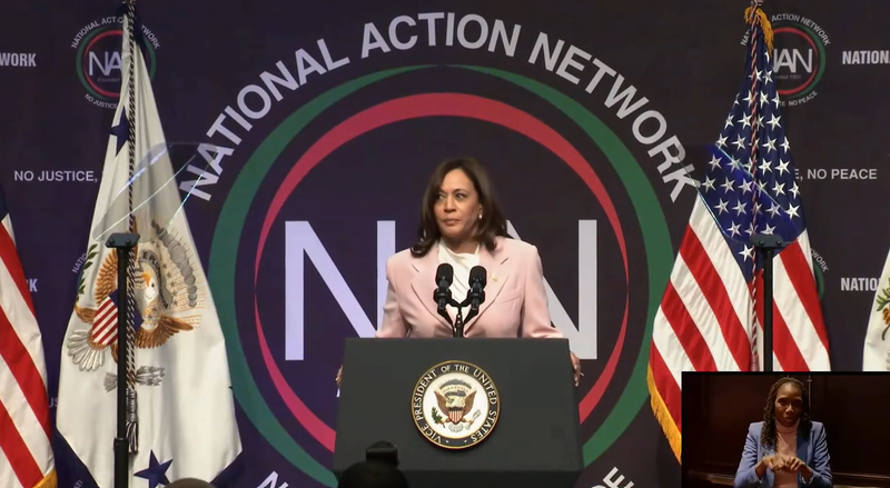 Kamala Harris speaking at the National Action Network conference on Friday.