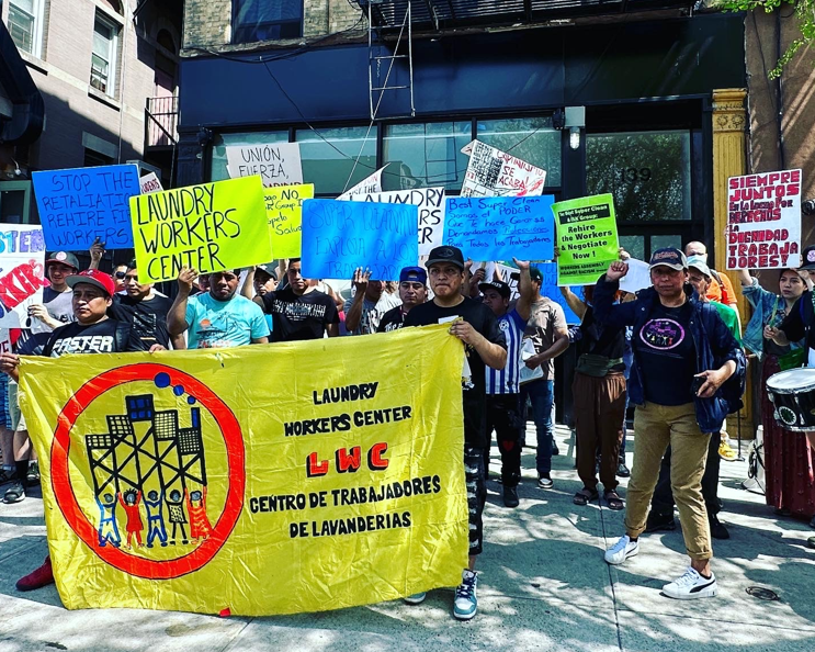 Community groups organized by the Laundry Workers Center picket in front of Best Super Cleaning offices every Friday to support workers who are advocating for safer working conditions and higher wages.