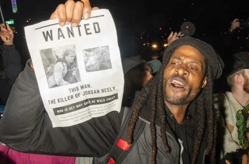 Protestors gather at Barclays Center Arena and march to the 7th police precinct to protest the New York Police Department response to the killing of Jordan Neely, in Brooklyn, New York on May 4, 2023. - New York prosecutors are investigating Neely's death on May 1 after he was put in a chokehold by a fellow rider on the city's subway, in an incident that has sparked outrage. According to witnesses the man restrained Neely, 30, after the latter started screaming at other passengers, saying he didn't have anything to eat or drink.
