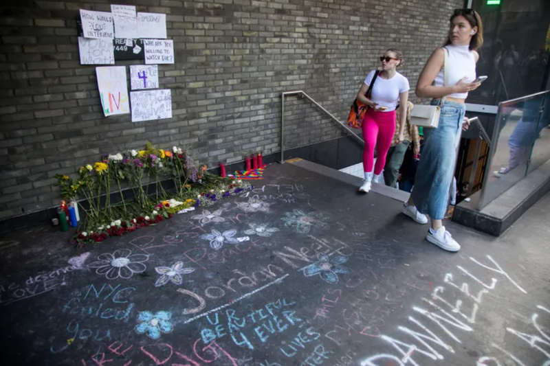 A memorial to Jordan Neely is seen outside a subway station on May 6, 2023.