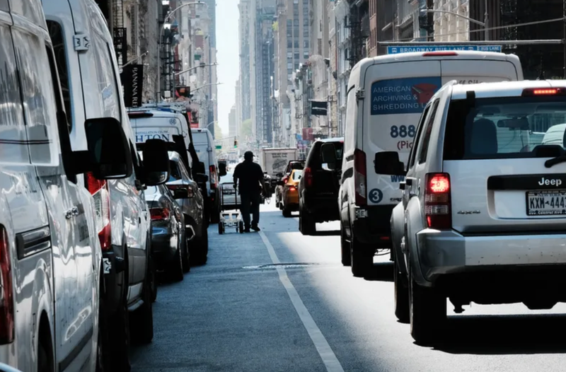 Traffic moves through Manhattan on April 21, 2023. 