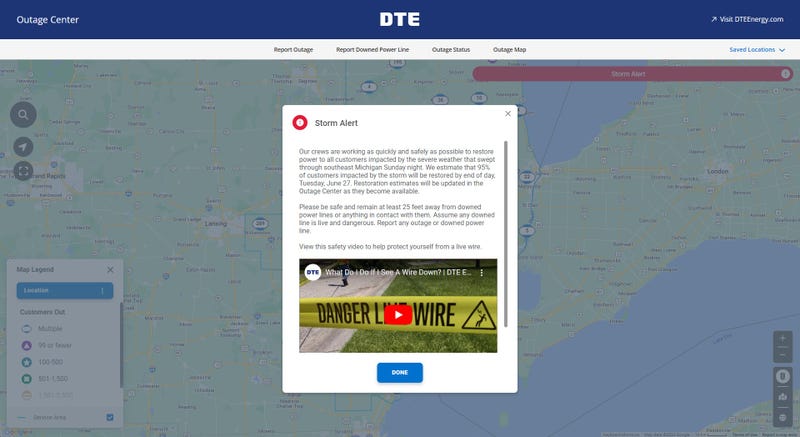 Screenshot of DTE Energy outage map popup