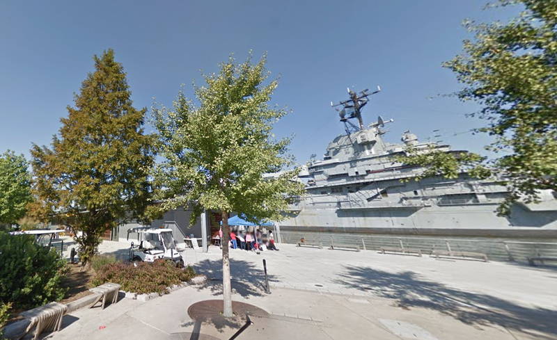 The view of the USS Intrepid from Pier 84, where a 35-year-old man was fatally stabbed on Thursday.