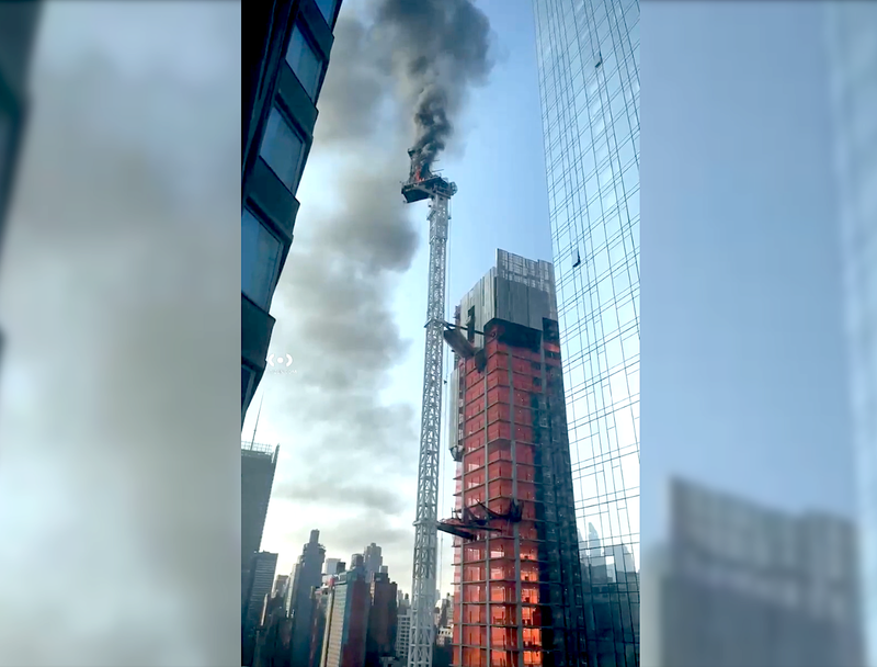 A crane was on fire just west of Times Square