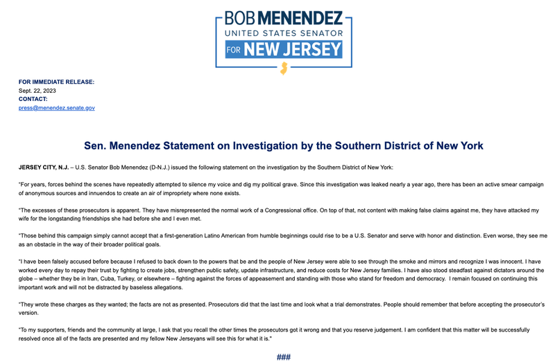 Menendez released a statement in the wake of the charges