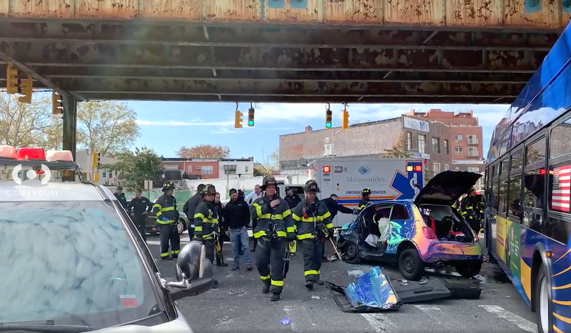 Seven people are reported to be injured following a crash of a car and two MTA buses in Brooklyn on Oct. 24, 2023.