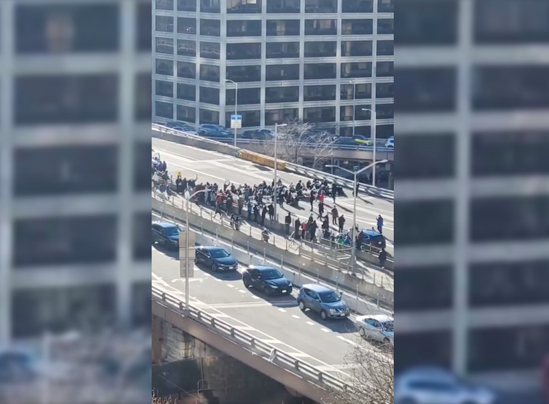 Protesters on the Brooklyn Bridge Monday morning