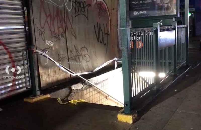Crime scene tape is seen at the station before dawn