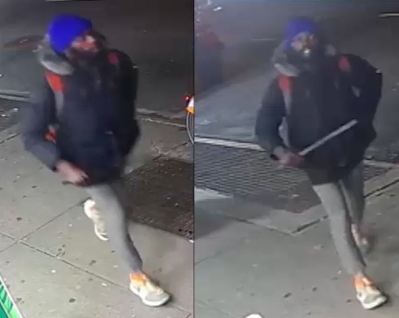 The suspect was last seen wearing a black jacket, gray pants, a blue knit hat, and gray sneakers