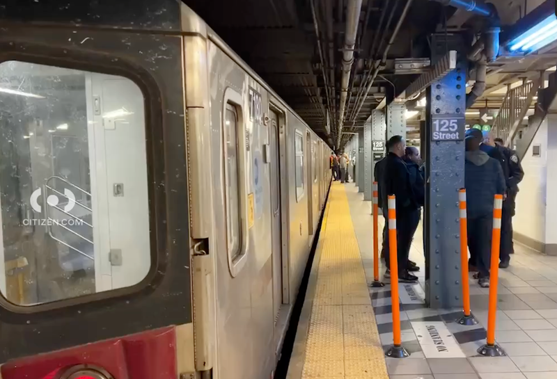 Police officers stand on the platform where the rider was shoved