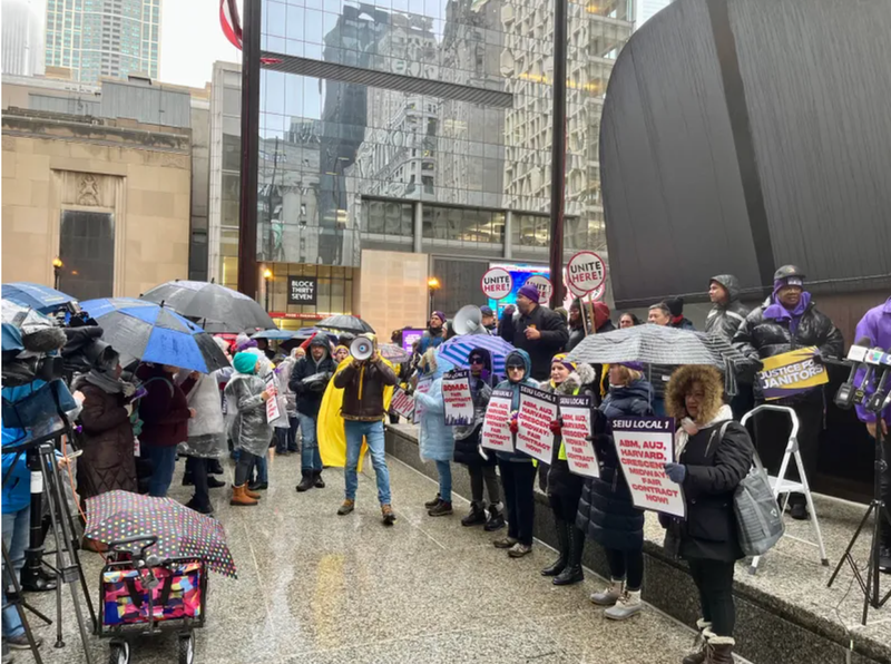Chicagoland janitors rally in downtown Chicago on April 3, 2024. Days later, the unionized workers approved what union officials have called a historic contract.