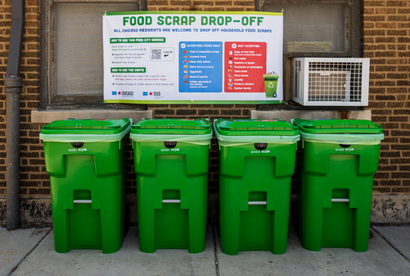 One of Chicago's food scrap drop-off locations. The city's Streets and Sanitation Commissioner said Chicagoans have diverted 67 tons of food scraps from landfills through a citywide program.