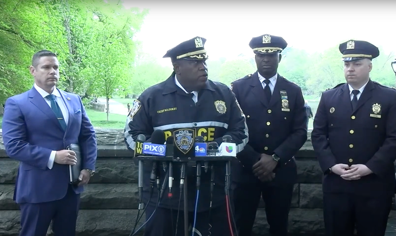 NYPD Chief of Department Jeffrey Maddrey (center) addresses the media at a news conference in Central Park on April 30, 2024