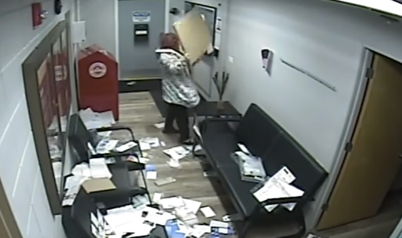 A still taken from surveillance footage shows a woman trashing the Island Lake Police Department lobby early Tuesday morning.