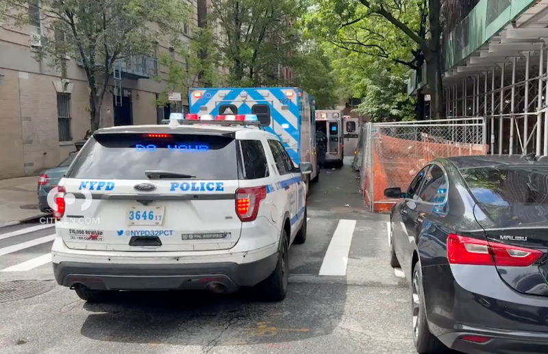 Police and EMS are seen responding to the stabbing on West 147th Street on Sunday afternoon