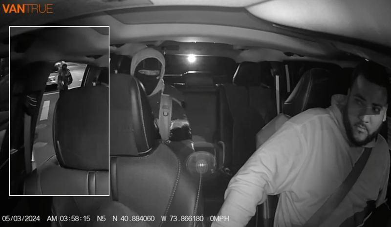Video shows the passenger firing shots from the street after jumping out of the moving cab