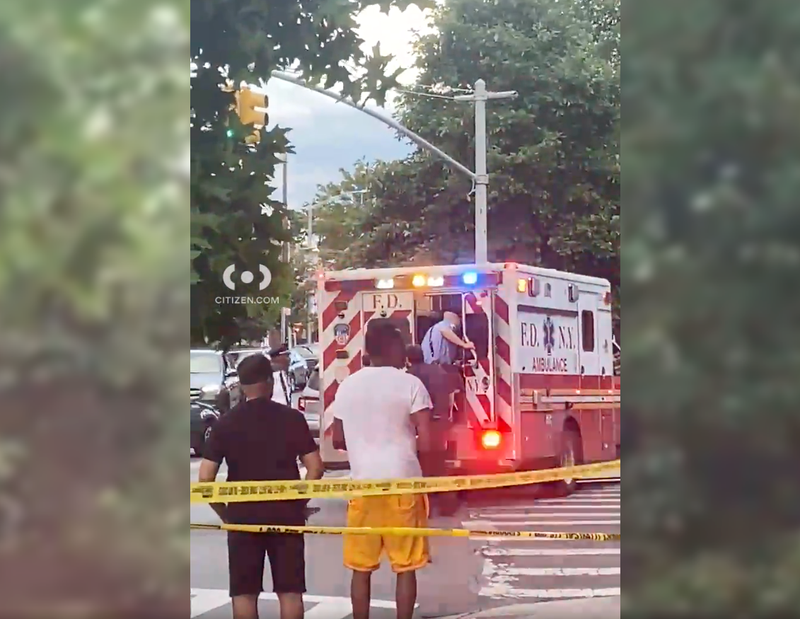 A patient was loaded into an ambulance after the shooting in East Flatbush shortly before 7 p.m. Monday