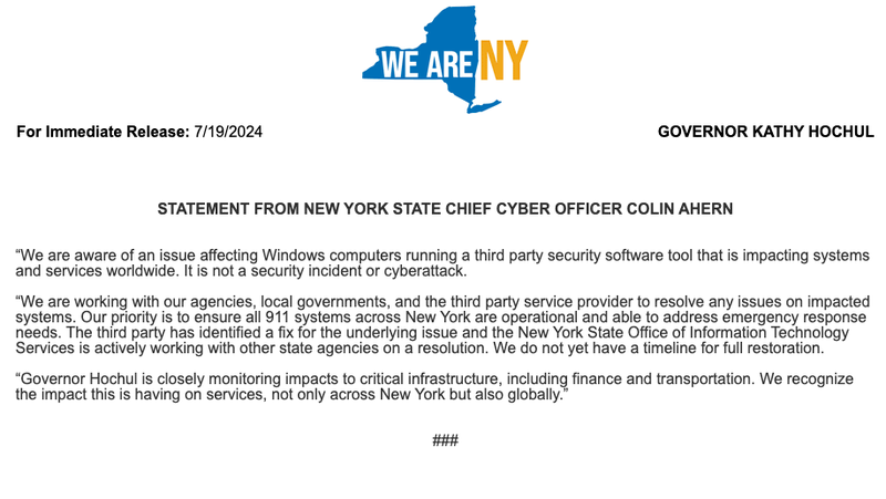 Gov. Kathy Hochul's office released a statement on the outage