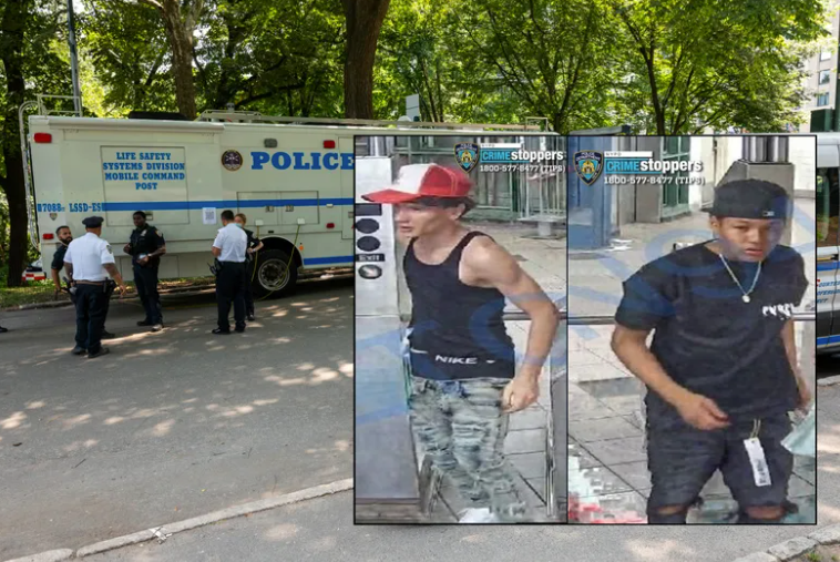 La policía busca a dos sospechosos (recuadro) de un robo cometido el martes por la noche en West Drive. La policía de Nueva York ha aumentado las patrullas en el parque en medio de un aumento del 200% en los robos.