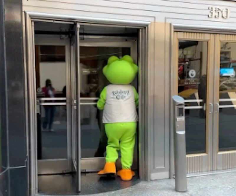 Cha Cha the Tree Frog enters the Empire State Building in a teaser video for the pop-up