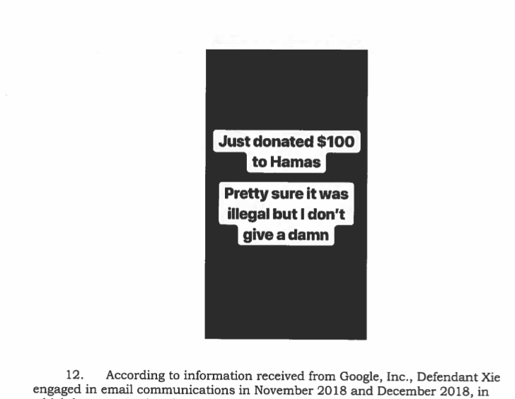 An image of the criminal complaint against Xie shows an Instagram post he made in 2018