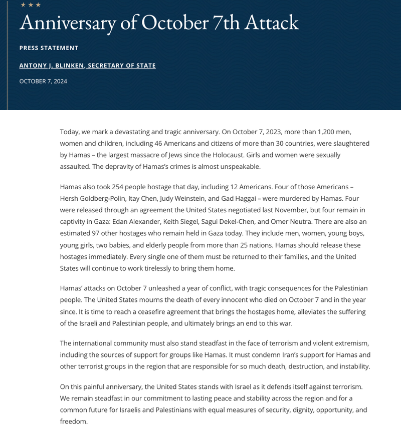 The U.S. Department of State released a statement on the Oct. 7 anniversary
