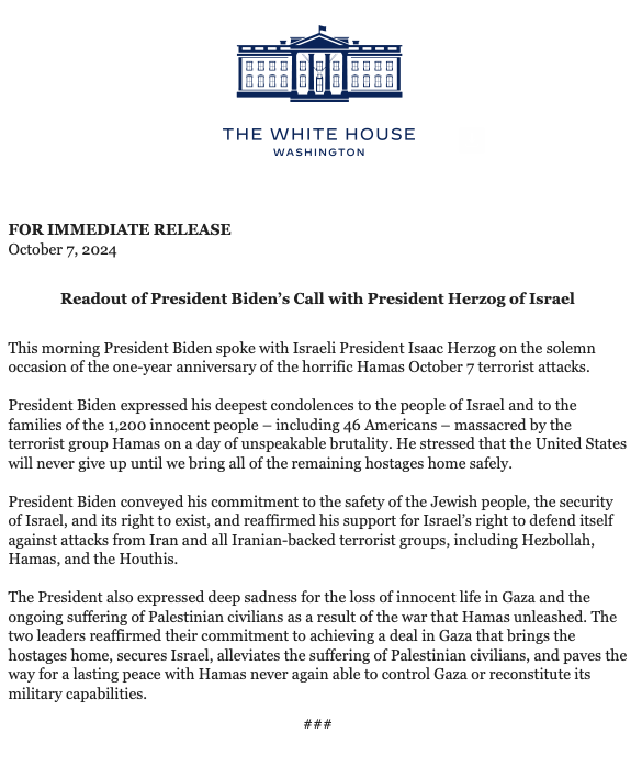 The readout of Biden's call with Herzog