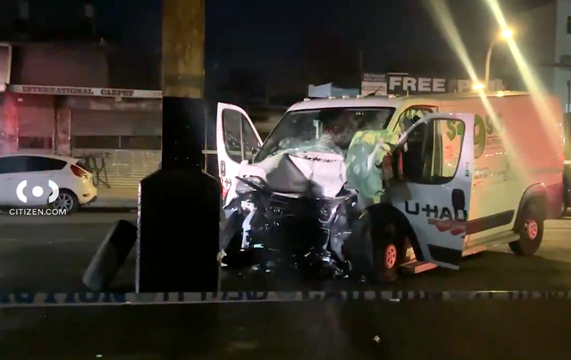 The collision left the U-Haul van smashed at McDonald Avenue and Bay Parkway