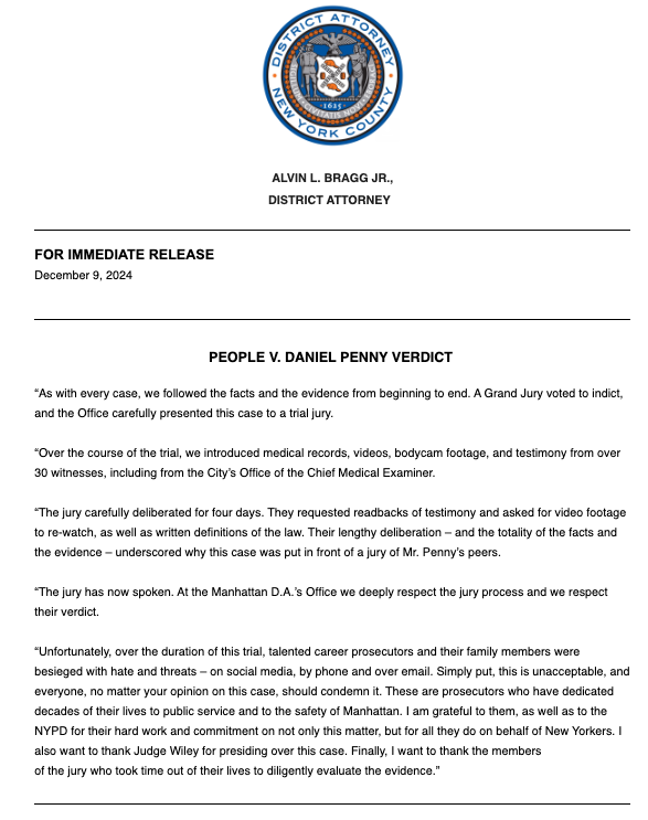 Manhattan D.A. Alvin Bragg's office released a statement in response to the verdict