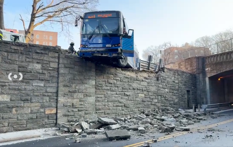 Video shows the bus dangling from a ledge over Kappock Street, near the Henry Hudson Parkway, in Riverdale