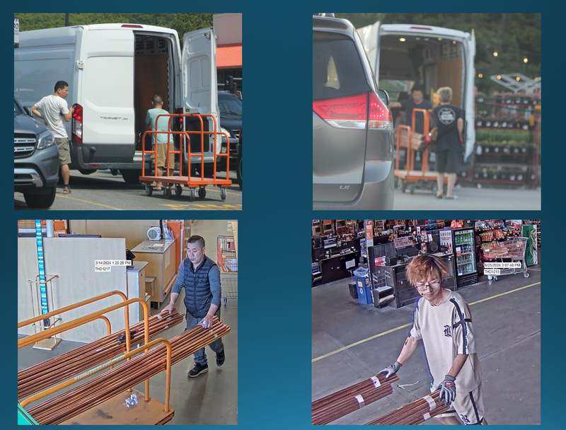 Surveillance video allegedly shows the suspects purchasing items from Home Depot and Lowe's using fraudulently obtained gift cards