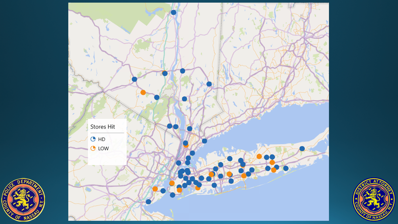 A map shows the locations where the men allegedly purchased the items