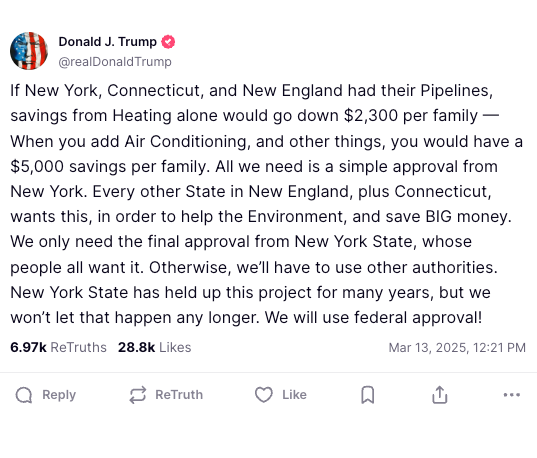 Trump said he'll be pushing for a pipeline in New York