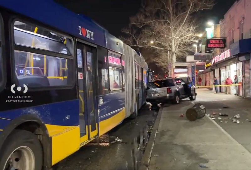 The nine injuries included three women in the Ford, two men on the bus and four people at the bus stop