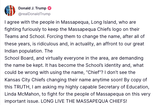 Trump has entered the fray on the Massapequa Chiefs mascot fight