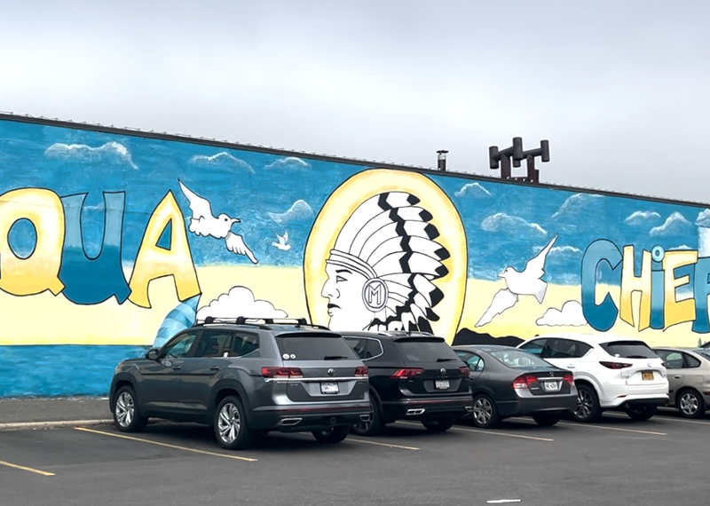The mural of the Massapequa Chief mascot was painted by students
