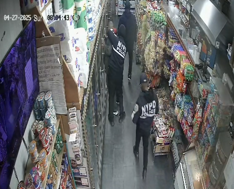 A violent armed robbery at a Brooklyn bodega by a crew of men dressed in NYPD gear on Sunday was caught on video.