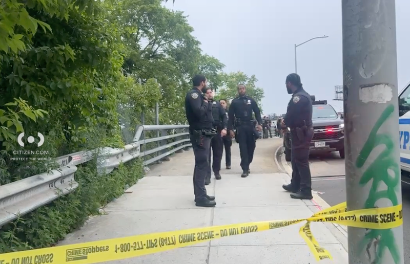 Police set up crime scene tape amid a search in the Bronx River in Hunts Point on Tuesday morning