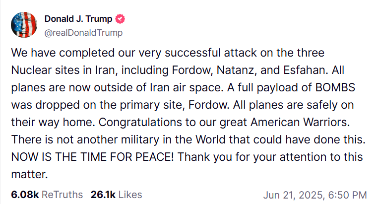Trump's Truth Social post announcing the bombing