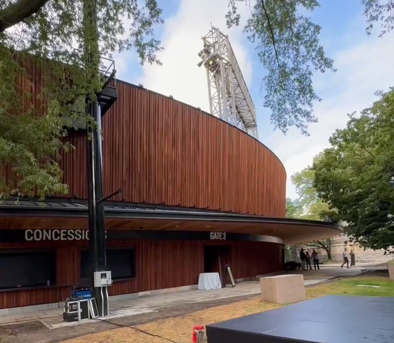 The stunning façade of the new theater is made from decommissioned city water towers. Inside, there are new seats, new lighting and a new drainage system