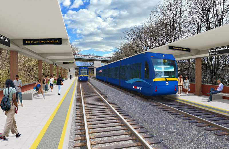A rendering shows a station design for the Interborough Express light rail system